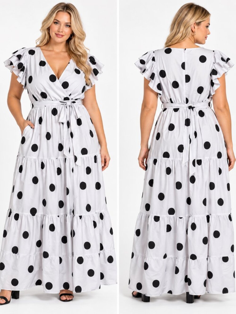 Ashley Stewart Big polka dot Tiered Maxi Dress Flutter Sleeve Plus Size 22/24